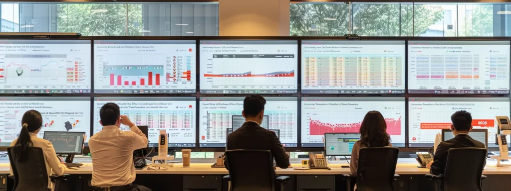 A diverse group of individuals seated at desks, focused on a large screen displaying information in a collaborative setting.