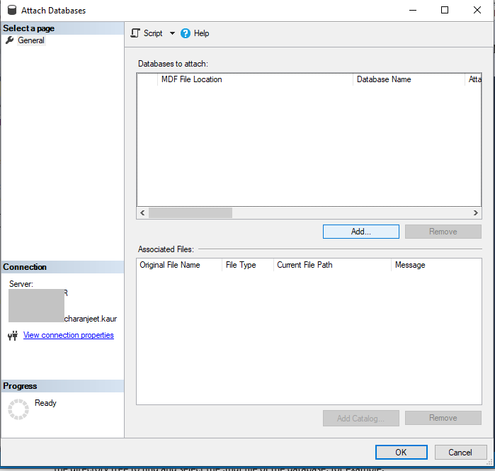 From the ‘Attach Databases’ window, click Add to select the database you want to attach.