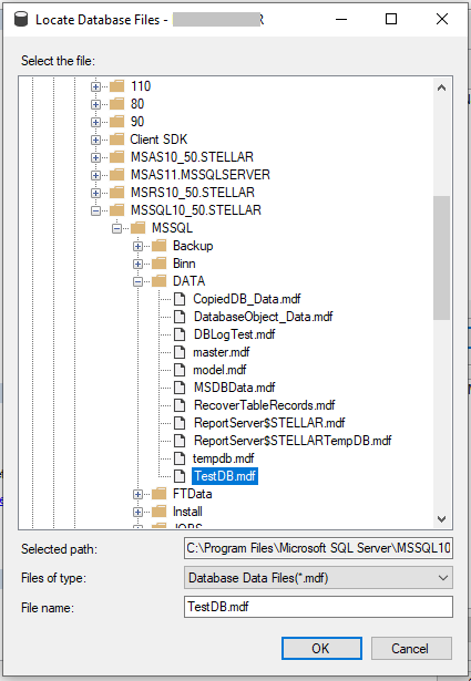 From the ‘Locate Database Files’ dialog box, browse and select the .mdf file of the database to be attached. Press OK.