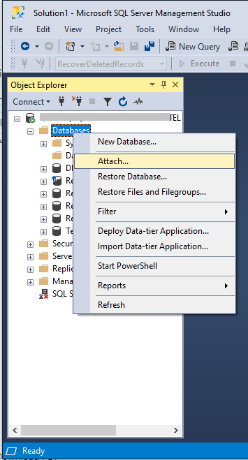 Right-click on Databases, and then select Attach.