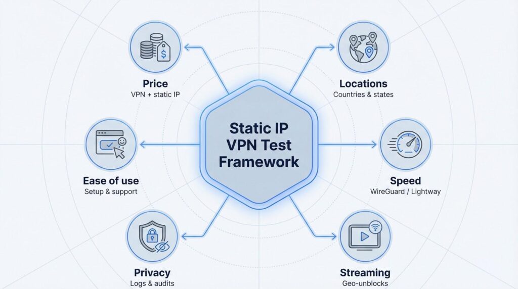 These six pillars—price, locations, speed, streaming, privacy, and ease of use—guide every verdict that follows.