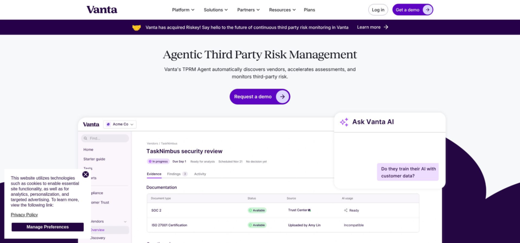 Vanta: agentic TPRM that connects vendor risk to your compliance program