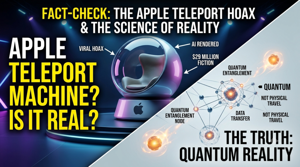 A striking 16:9 infographic designed to headline a fact-check article. The left half shows a futuristic Apple Teleport pod render in a mock keynote setting, overlaid with dramatic red text labels reading "APPLE TELEPORT MACHINE? IS IT REAL?" "VIRAL HOAX," and "$29 MILLION FICTION." A red arrow points from the pod to the labels. The right half shows a sophisticated scientific illustration of atomic structures and quantum wave patterns, labeled in clean white text: "THE TRUTH: QUANTUM REALITY," "QUANTUM ENTANGLEMENT," and "DATA TRANSFER, NOT PHYSICAL TRAVEL." This side is linked by another red arrow to a prominent red text box at the top right: "AI RENDERED CONCEPT." The composition uses Apple's brushed aluminum aesthetic juxtaposed with scientific visualization and urgent debunking graphics.