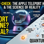 A striking 16:9 infographic designed to headline a fact-check article. The left half shows a futuristic Apple Teleport pod render in a mock keynote setting, overlaid with dramatic red text labels reading "APPLE TELEPORT MACHINE? IS IT REAL?" "VIRAL HOAX," and "$29 MILLION FICTION." A red arrow points from the pod to the labels. The right half shows a sophisticated scientific illustration of atomic structures and quantum wave patterns, labeled in clean white text: "THE TRUTH: QUANTUM REALITY," "QUANTUM ENTANGLEMENT," and "DATA TRANSFER, NOT PHYSICAL TRAVEL." This side is linked by another red arrow to a prominent red text box at the top right: "AI RENDERED CONCEPT." The composition uses Apple's brushed aluminum aesthetic juxtaposed with scientific visualization and urgent debunking graphics.