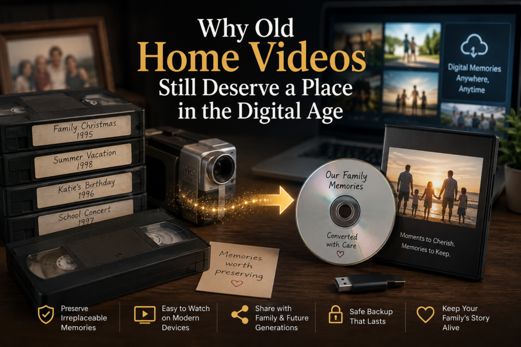 Old home videos on VHS tapes being converted into digital formats to preserve precious family memories for future generations.