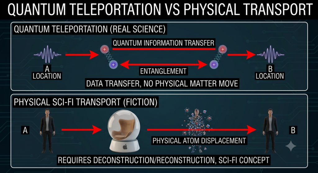 Diagram explaining how subatomic quantum state entanglement differs from physical matter displacemen