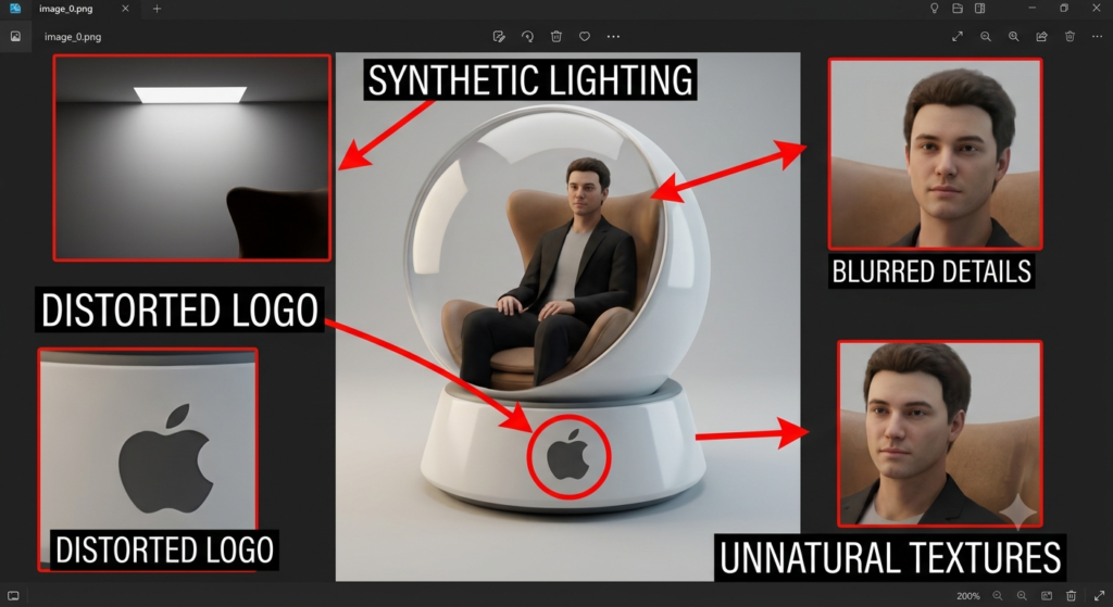Digital analysis highlighting synthetic lighting and blurred details in a fake Apple Teleport render.