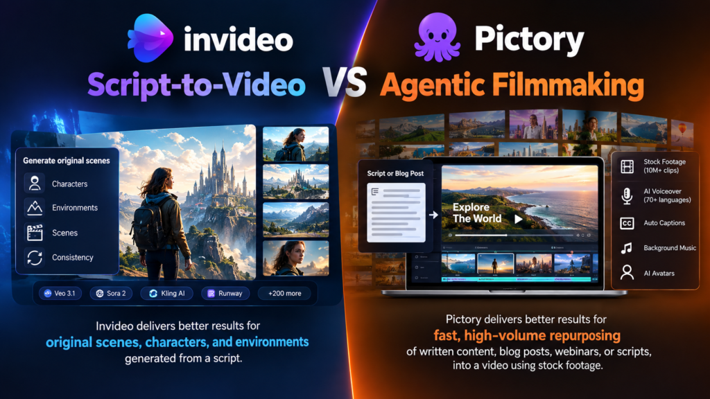 invideo vs. Pictory: Script-to-Video vs. Agentic Filmmaking