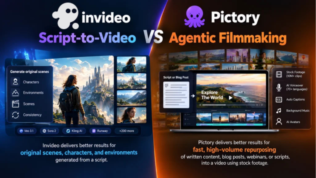invideo vs. Pictory: Script-to-Video vs. Agentic Filmmaking