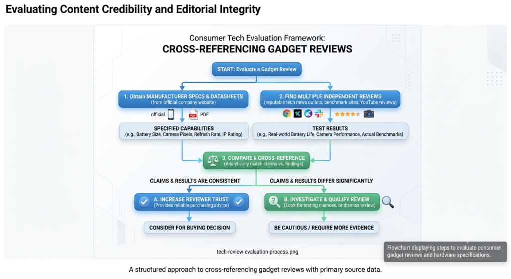 Flowchart displaying steps to evaluate consumer gadget reviews and hardware specifications.