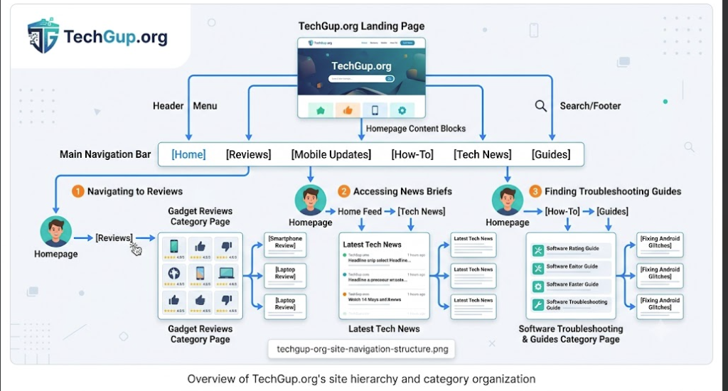 Diagram showing TechGup.org site architecture, categories, and review sections.